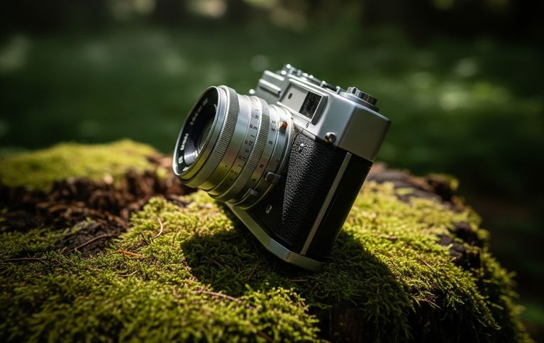 Das Bild (KI generiert) zeigt eine alte Analog-Fotokamera auf einem moosigen Baumstumpf in einem Wald.