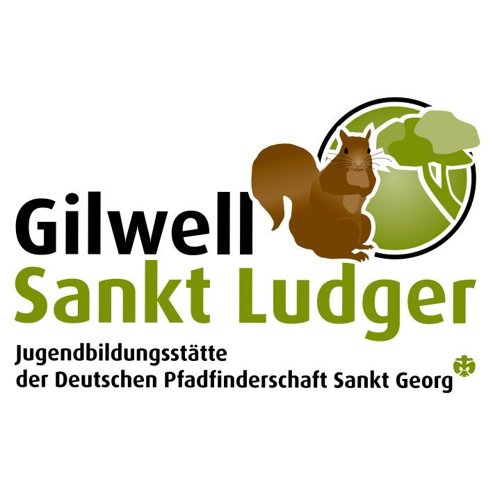 Das Bild zeigt das Logo der Jugendbildungsstätte Sankt Ludger: Schrift, Eichhörnchen, Wald.