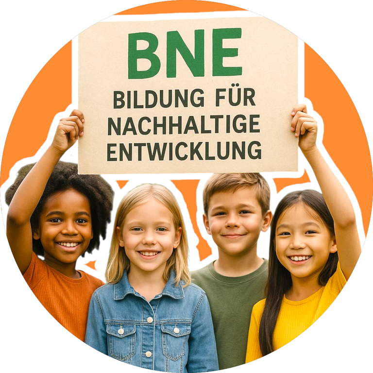 Das Foto zeigt vier Kinder, die ein Schild mit dem Aufdruck "BNE - Bildung für nachhaltige Entwicklung" hochhalten.