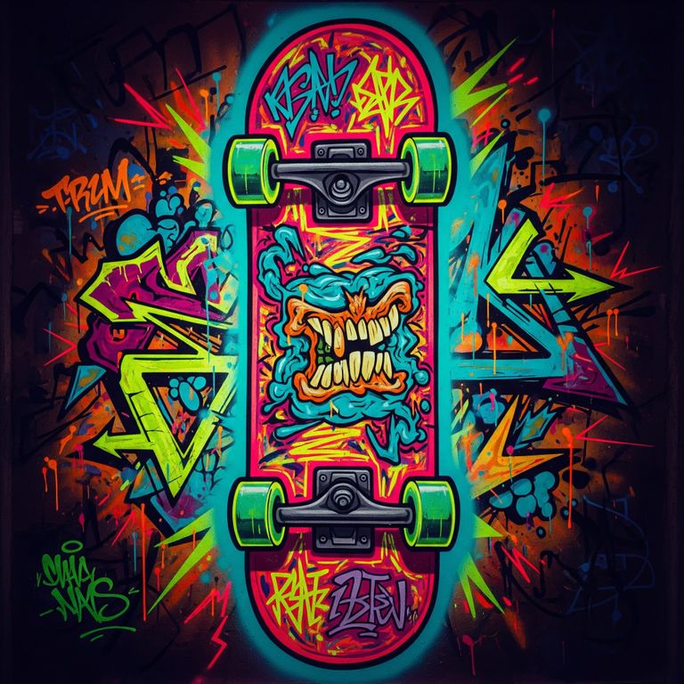 Das Bild zeigt eine Grafitti-Zeichnung von einem Skateboard.